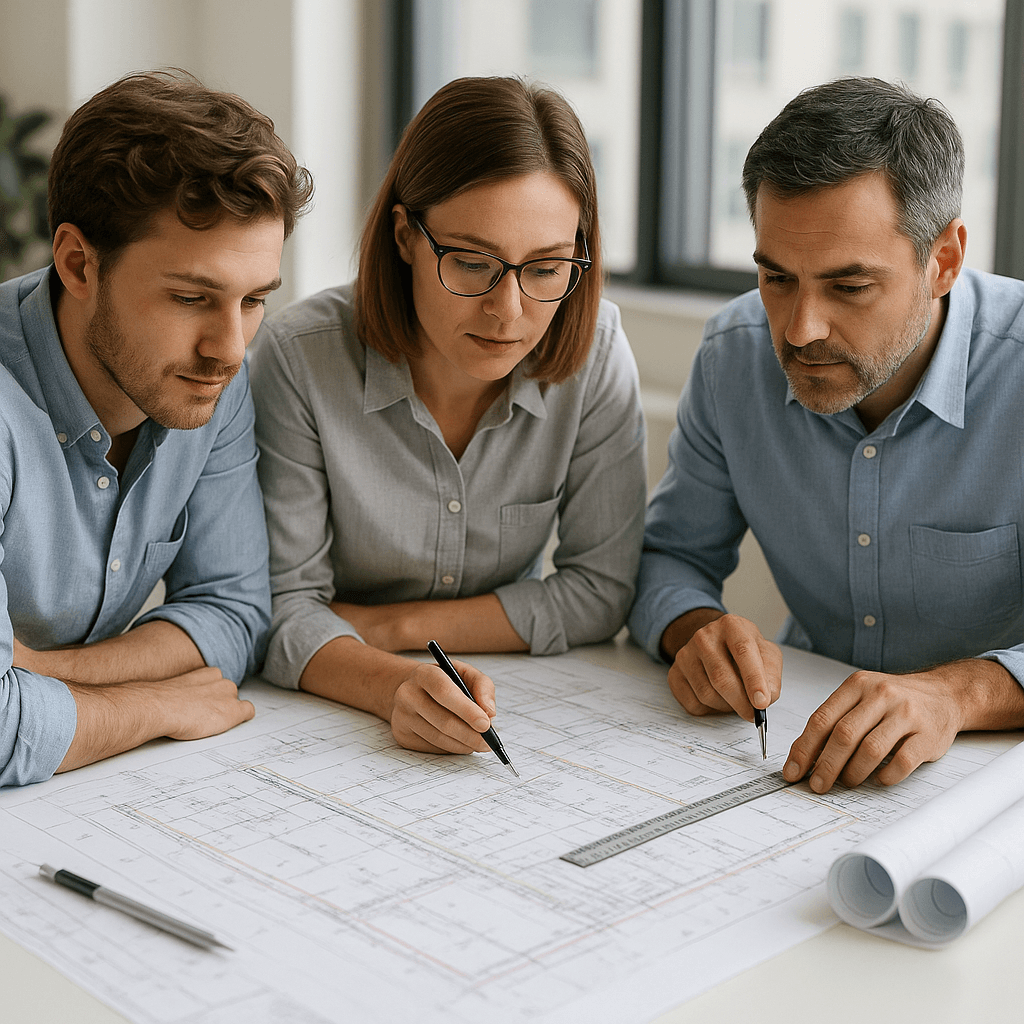 Ingenieursteam arbeitet an technischen Zeichnungen